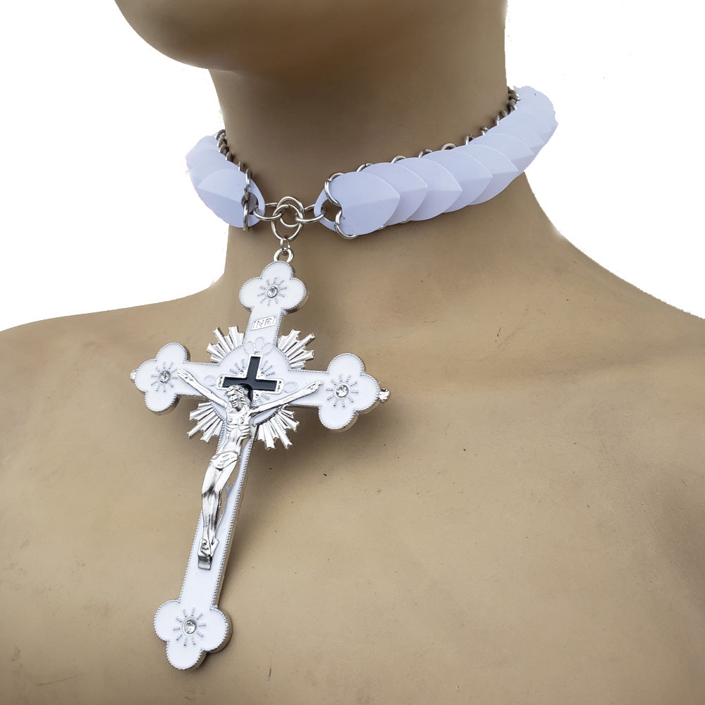 White Scalemail Crucifix Cross Necklace Choker